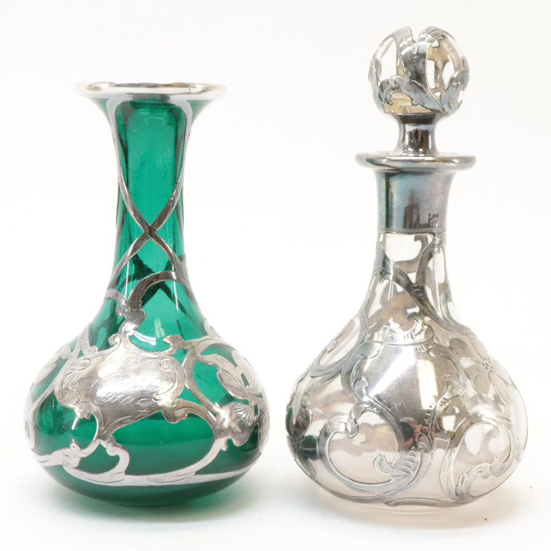 9 Silver Overlay Glass Perfumes/Bottles/Vases