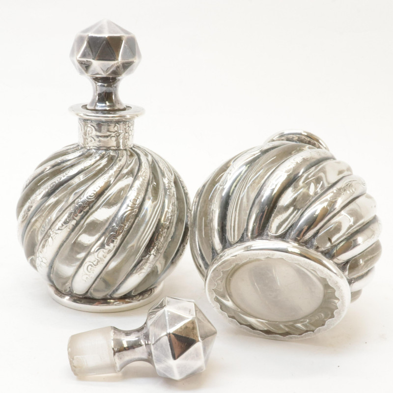 9 Silver Overlay Glass Perfumes/Bottles/Vases