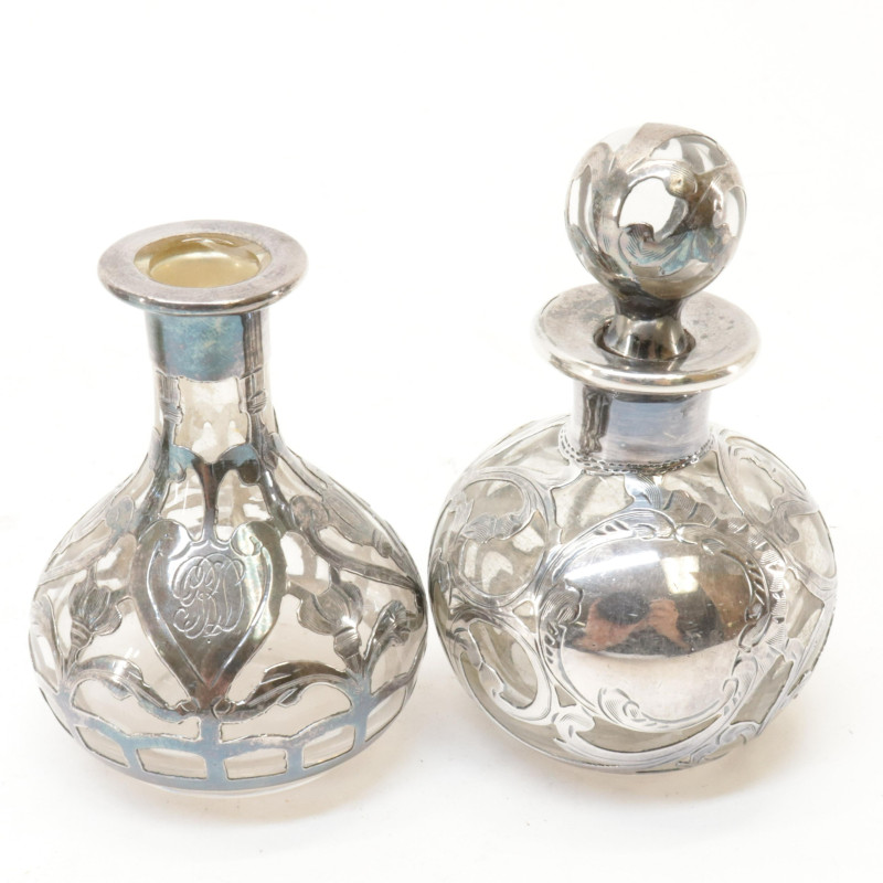 9 Silver Overlay Glass Perfumes/Bottles/Vases