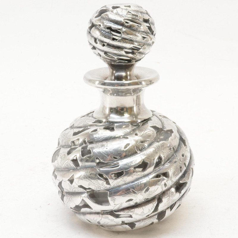 9 Silver Overlay Glass Perfumes/Bottles/Vases