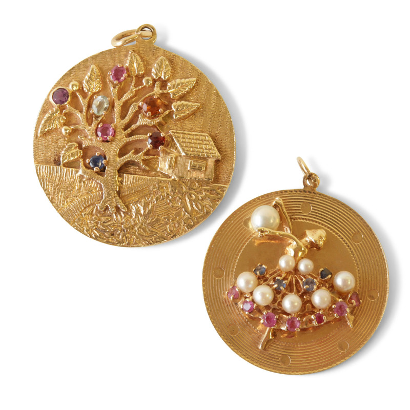 Two 14K Yellow Gold Jeweled Pendants