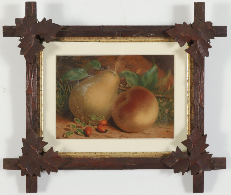 Pr Still Lifes of Fruit 19th C Tramp Art Frames