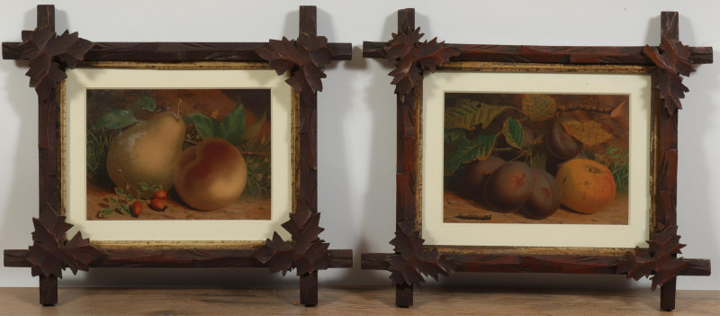 Pr Still Lifes of Fruit 19th C Tramp Art Frames