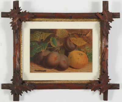 Pr Still Lifes of Fruit 19th C Tramp Art Frames