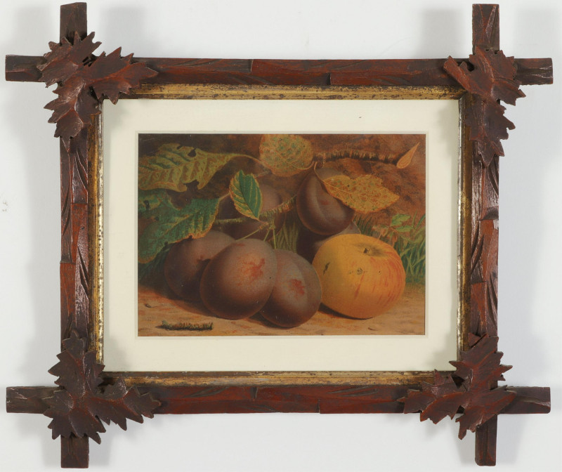 Pr Still Lifes of Fruit 19th C Tramp Art Frames