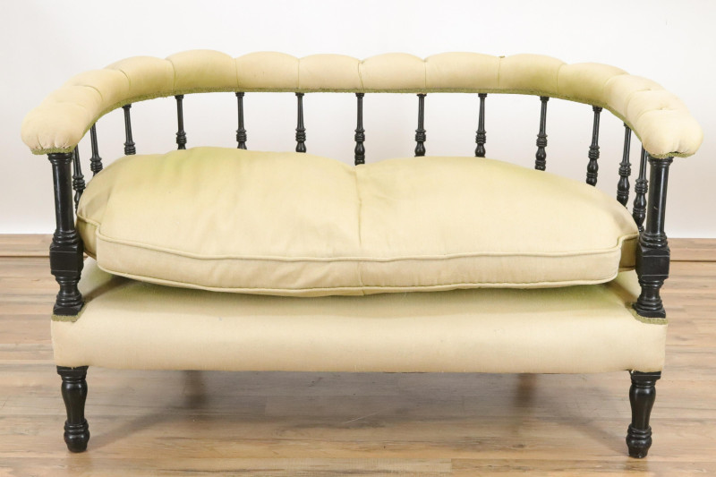 Victorian Barrel Back Wood Upholstered Settee