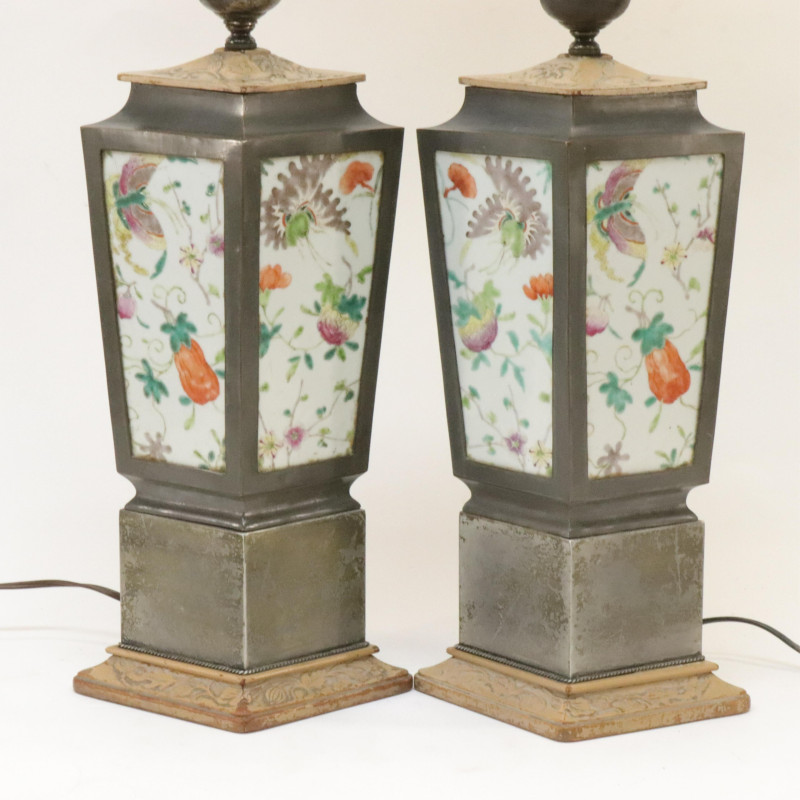 Pair of Porcelain Tile and Metal Lamps