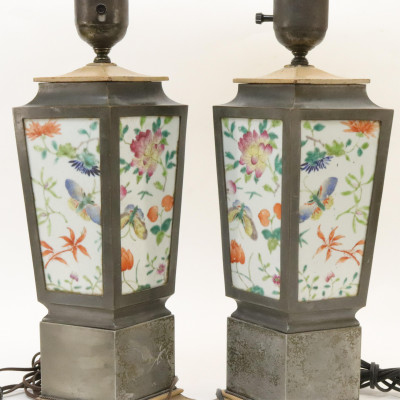 Pair of Porcelain Tile and Metal Lamps