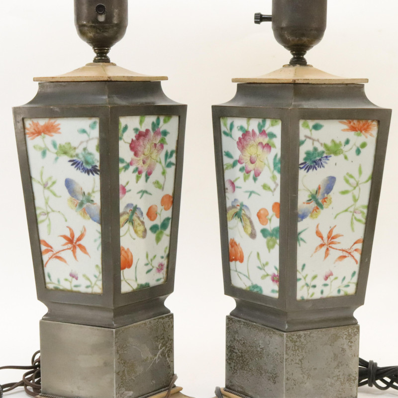 Pair of Porcelain Tile and Metal Lamps