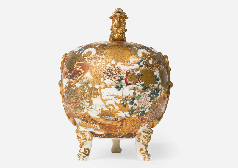 A Kinkozan Satsuma Tripod Jar with Lid