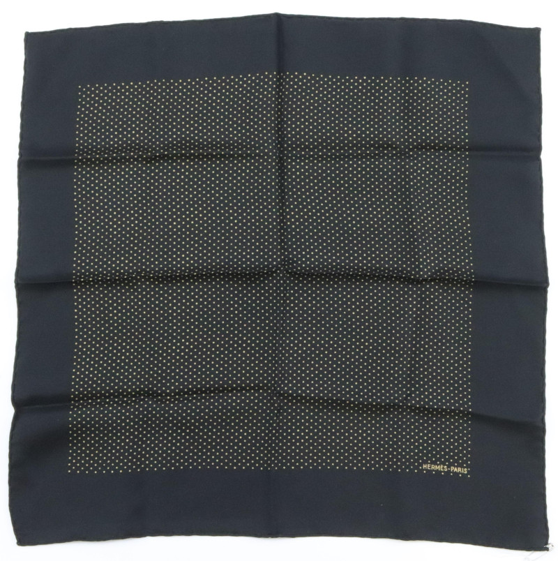 Hermes Silk Pocketsquare Black and Gold Dots