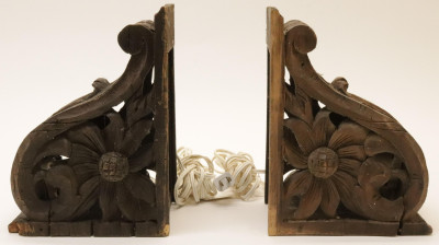 Pair Rococo Style Stained Pine Bracket Sconces