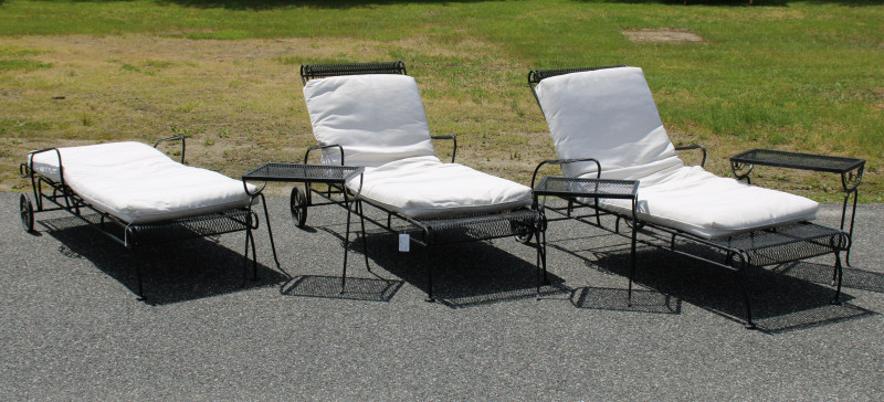 Pair Woodard Style Outdoor Chaises nest tables