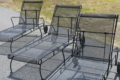 Pair Woodard Style Outdoor Chaises nest tables