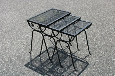 Pair Woodard Style Outdoor Chaises nest tables