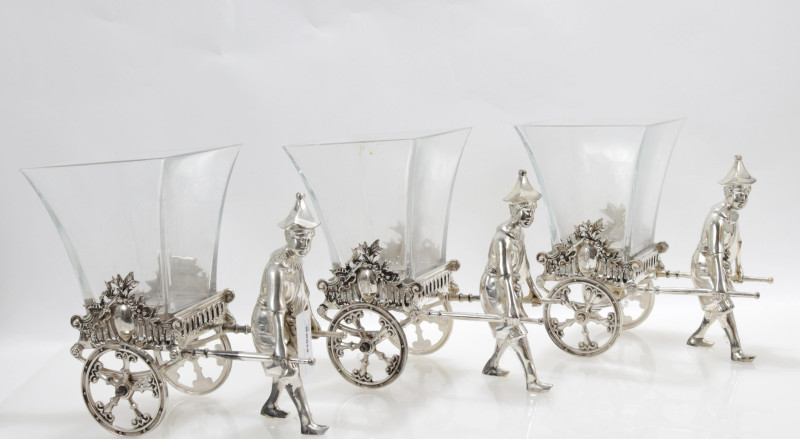 3 Silverplate Rickshaw Form Decanter Trolleys
