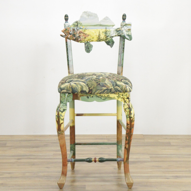 Mackenzie Childs &apos;Forest Fish&apos; High Back Bar Stool