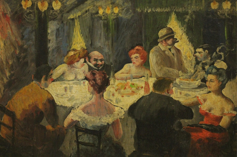 Manner of George Grosz, Cafe, paint on board