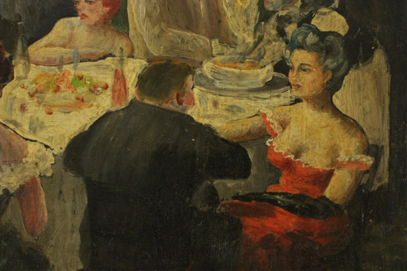 Manner of George Grosz, Cafe, paint on board