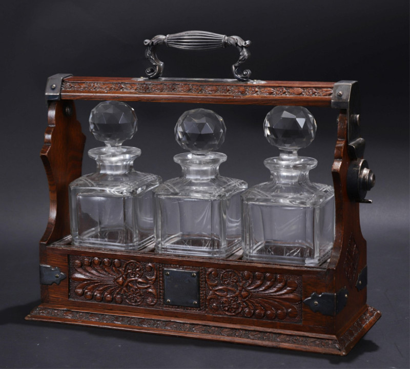 Victorian Silverplate Mounted Oak Tantalus, 19 C.