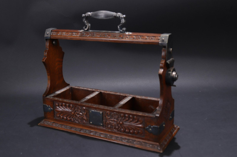 Victorian Silverplate Mounted Oak Tantalus, 19 C.