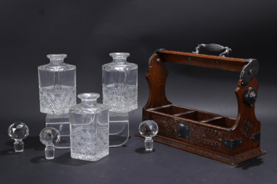 Victorian Silverplate Mounted Oak Tantalus, 19 C.