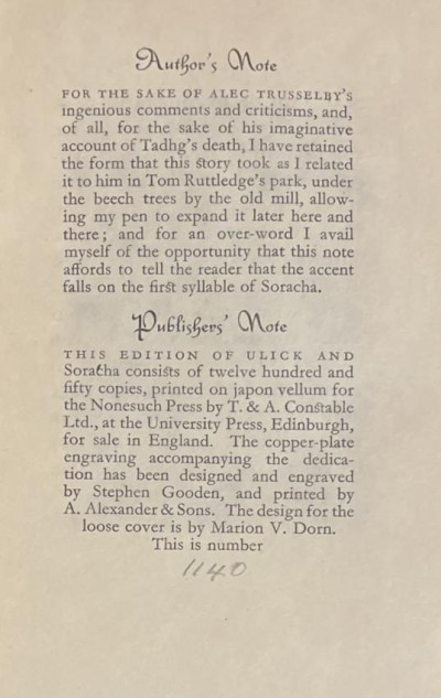 G. MOORE [Nonesuch Press ] Ulick &amp; Soracha, 1926