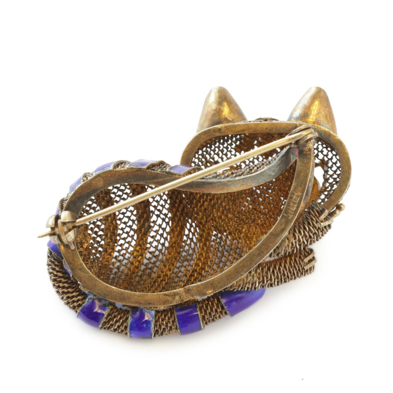 Antique Silver and Enamel Cat Brooch