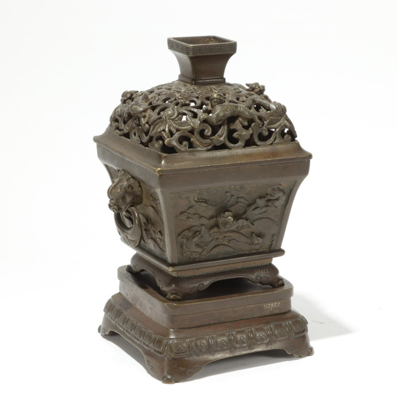 Ming Bronze Censer With Reticulated Coner &amp; Stand