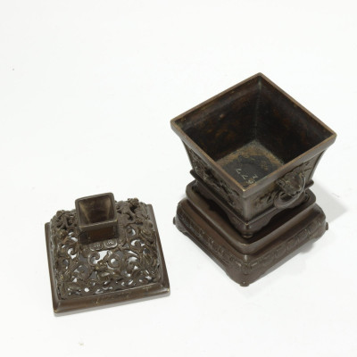 Ming Bronze Censer With Reticulated Coner &amp; Stand