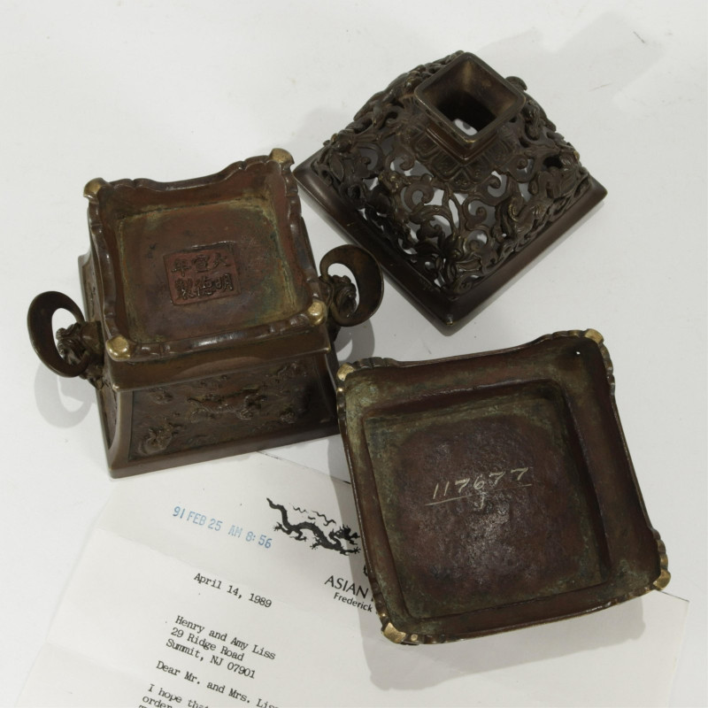 Ming Bronze Censer With Reticulated Coner &amp; Stand
