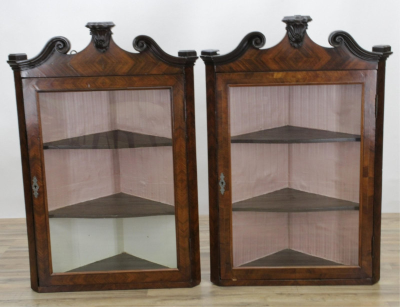 Pair Rococo Style Hanging Corner Cabinet, 19 C.
