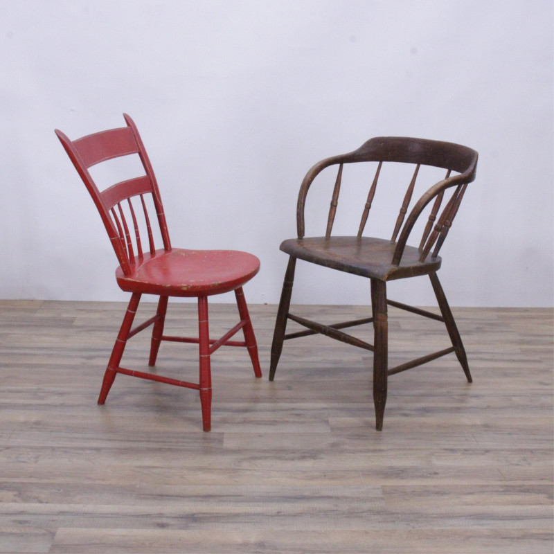 Late Federal Red Painted Side Chair &amp; Armchair