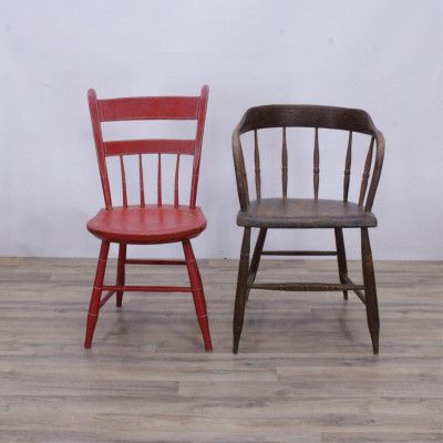 Late Federal Red Painted Side Chair &amp; Armchair
