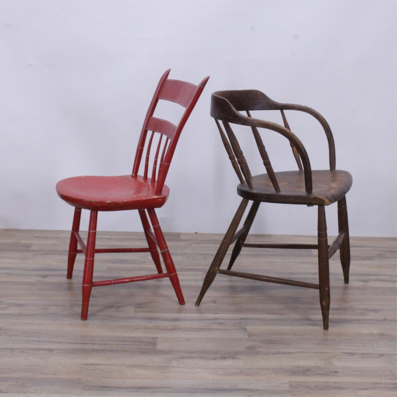 Late Federal Red Painted Side Chair &amp; Armchair