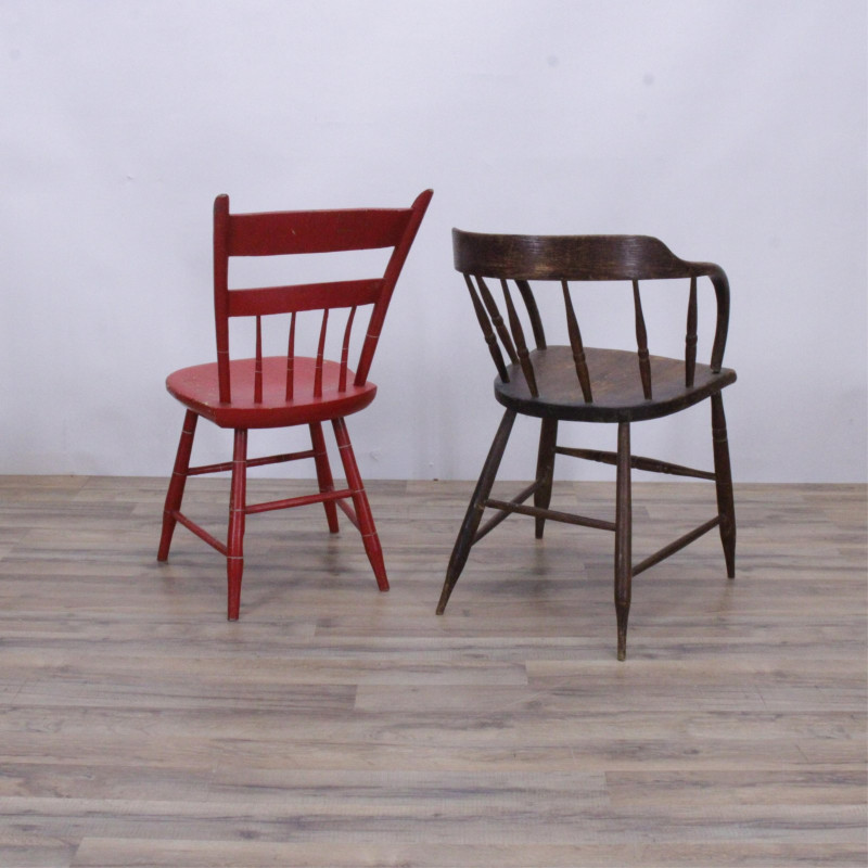 Late Federal Red Painted Side Chair &amp; Armchair