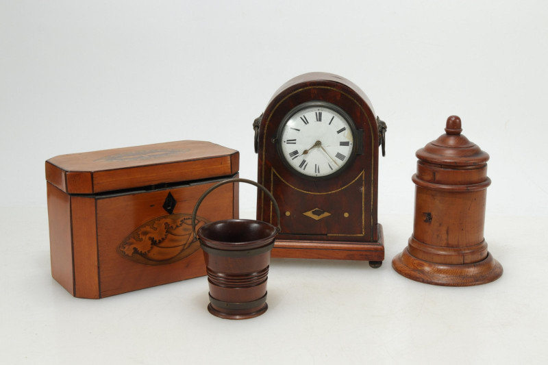 Regency Clock, Tea Caddy, Treen Box &amp; Bucket