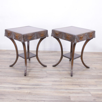 Pair Hollywood Regency Walnut Stained Tables