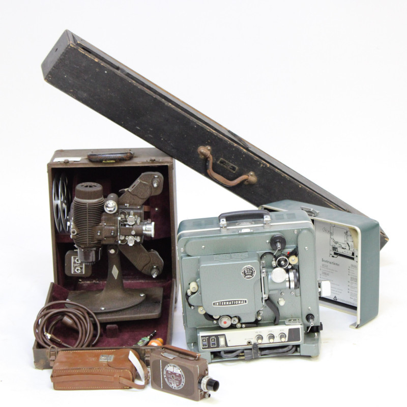 2 Movie Cameras, Projector, Screen; Filmo Bell Howell