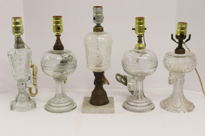 5 American Pressed Glass Kerosene Lamps, 19/20 C.