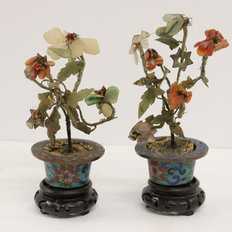 Pr Chinese Hardstone Bouquets in Cloisonné Pots