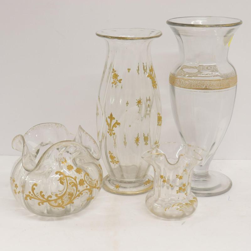 4 Gilt Decorated Clear Glass Vases