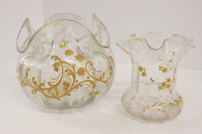 4 Gilt Decorated Clear Glass Vases