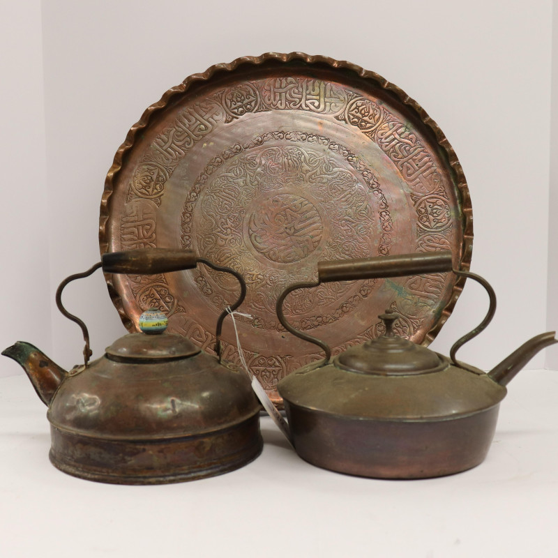 2 Chinese Copper Hot Water Kettles &amp; Tray