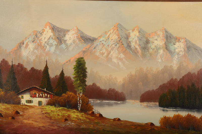 Mountains &amp; Chalet, Oil on Canvas