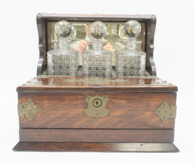 Brass Mounted Oak Tantalus &amp; Decanters