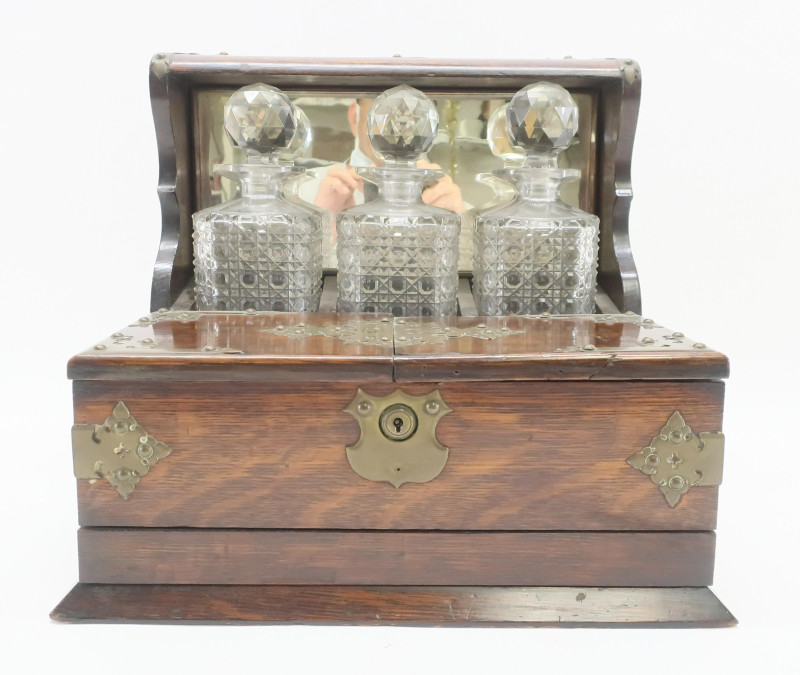 Brass Mounted Oak Tantalus &amp; Decanters