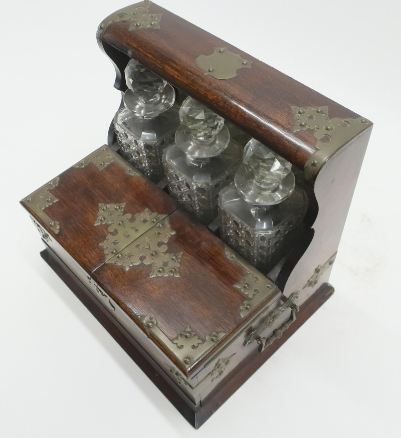 Brass Mounted Oak Tantalus &amp; Decanters