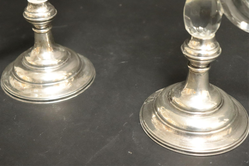 Pair Cut Glass Cornucopia Vases W/ Sterling Bases