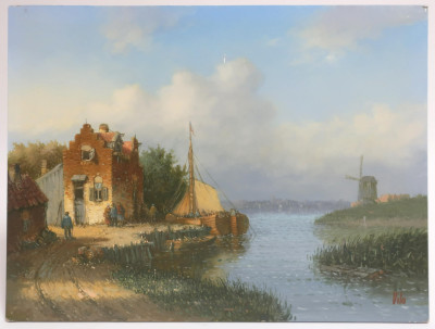 LASZLO VIGYAZO VILO, Boat Docked near Windmill,O/B